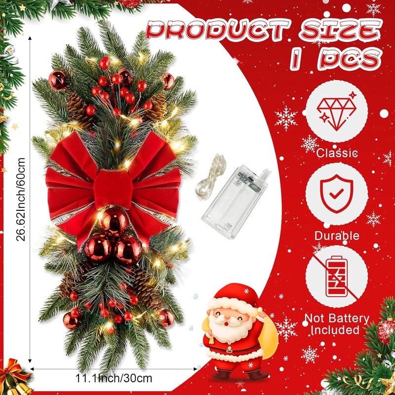 Julako Christmas Teardrop Swag for Decorating, 24" Prelit Cordless Stair Decorations with Lights, 1 Pcs Artificial Christmas Garland Wreath for Staircase Front Door Home Window Decor (Red & Green) - Image 2